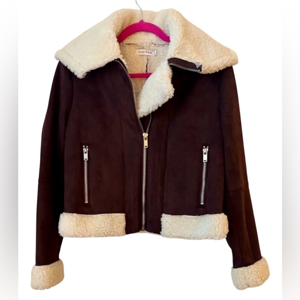NWT JustFab Chocolate Brown Teddy Jacket with Shearling Accents